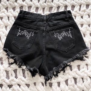 NWOT Flame-Embroidered Black Denim Shorts
